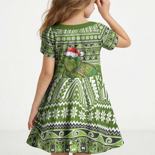 New Zealand Tuatara Christmas Kid Short Sleeve Dress Maori Inspired Knitted Patterns