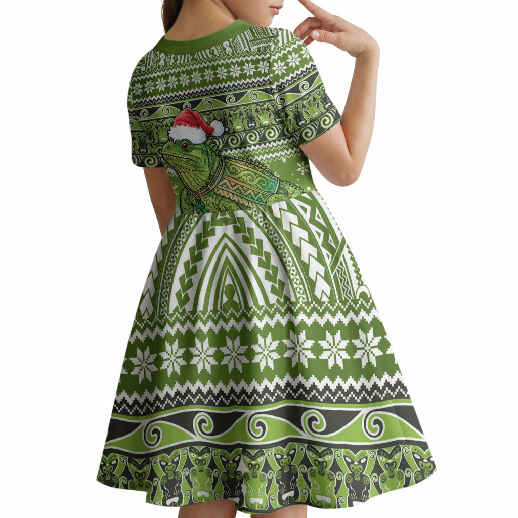New Zealand Tuatara Christmas Kid Short Sleeve Dress Maori Inspired Knitted Patterns