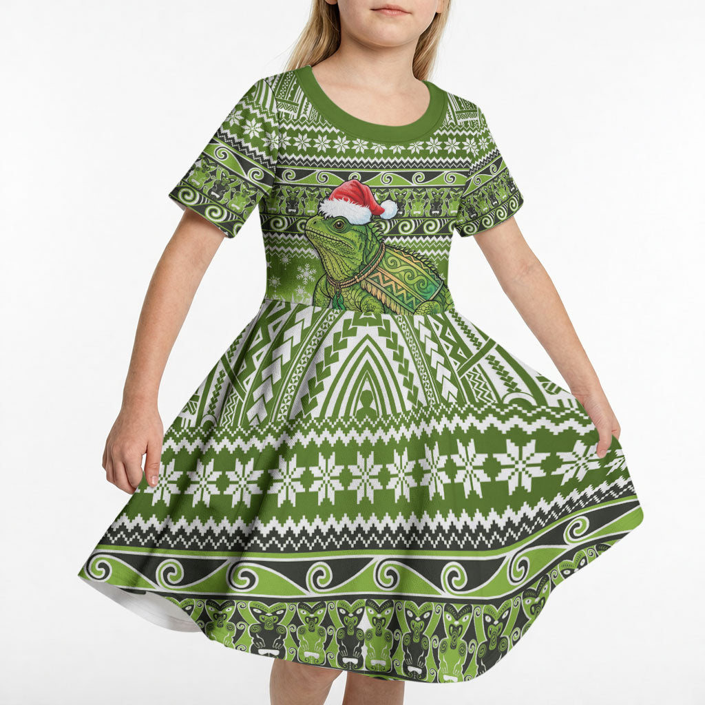 New Zealand Tuatara Christmas Kid Short Sleeve Dress Maori Inspired Knitted Patterns