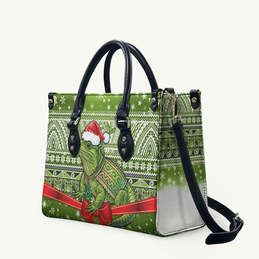 New Zealand Tuatara Christmas Leather Bag Maori Inspired Knitted Patterns