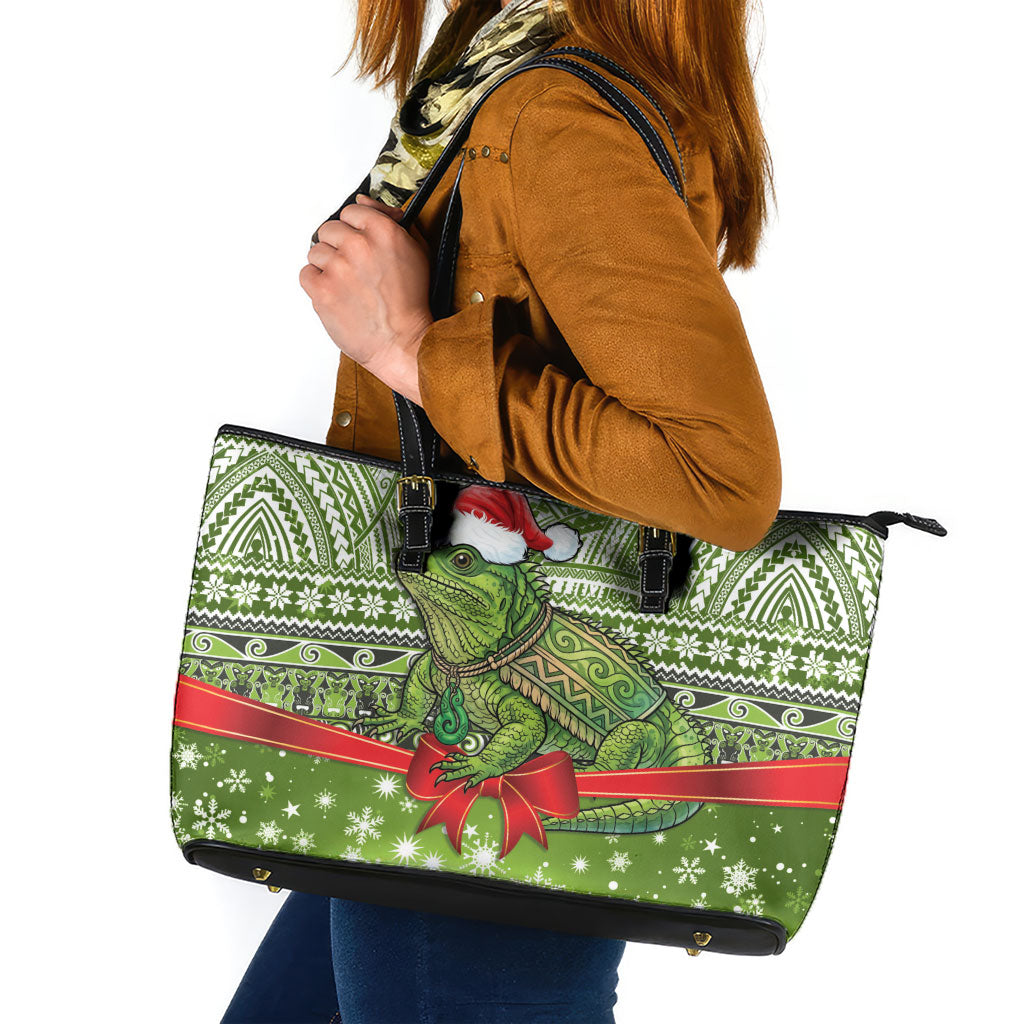 New Zealand Tuatara Christmas Leather Tote Bag Maori Inspired Knitted Patterns