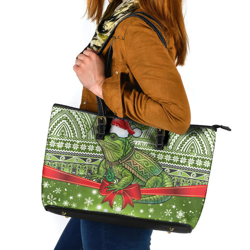 New Zealand Tuatara Christmas Leather Tote Bag Maori Inspired Knitted Patterns