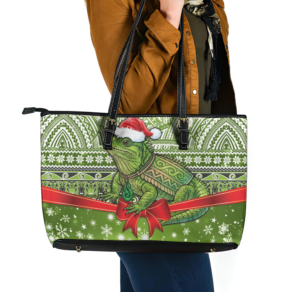 New Zealand Tuatara Christmas Leather Tote Bag Maori Inspired Knitted Patterns