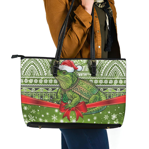 New Zealand Tuatara Christmas Leather Tote Bag Maori Inspired Knitted Patterns