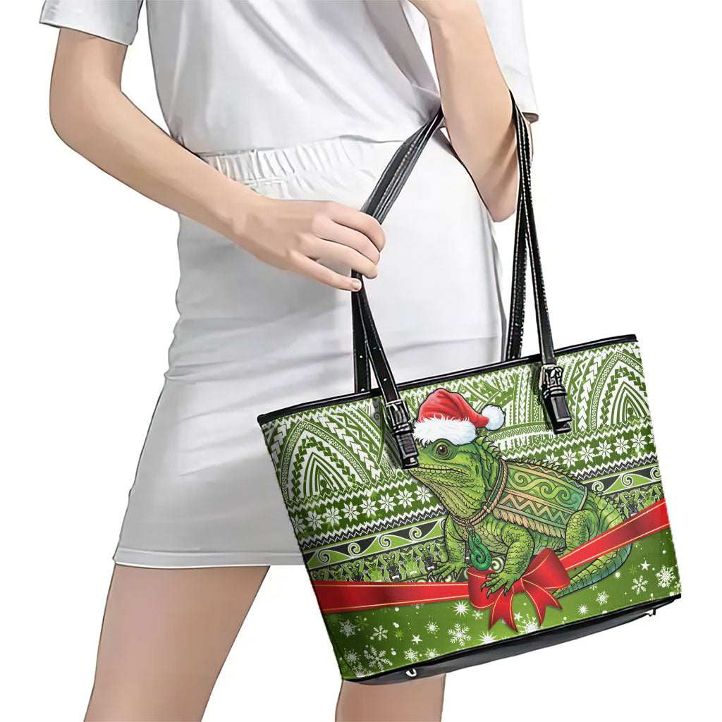 New Zealand Tuatara Christmas Leather Tote Bag Maori Inspired Knitted Patterns