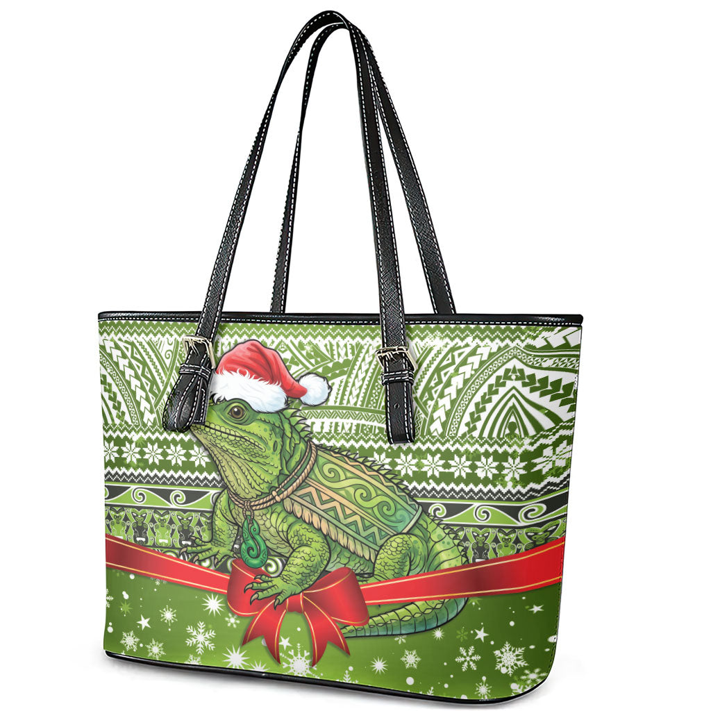 New Zealand Tuatara Christmas Leather Tote Bag Maori Inspired Knitted Patterns
