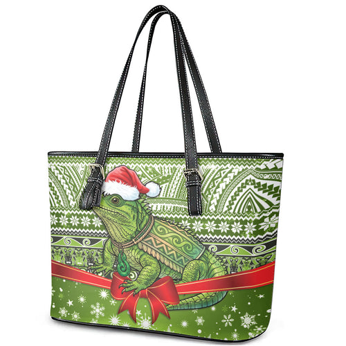 New Zealand Tuatara Christmas Leather Tote Bag Maori Inspired Knitted Patterns