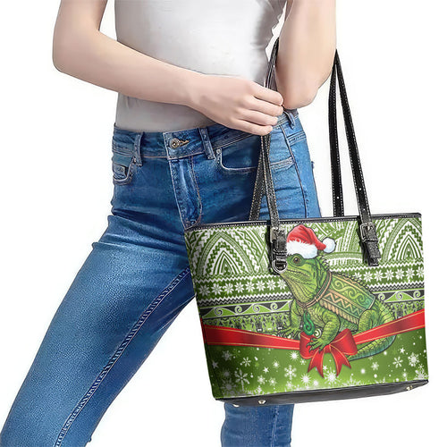 New Zealand Tuatara Christmas Leather Tote Bag Maori Inspired Knitted Patterns