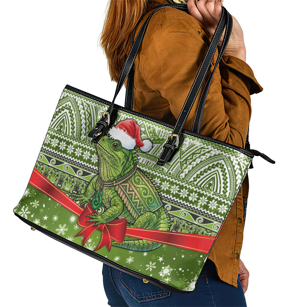 New Zealand Tuatara Christmas Leather Tote Bag Maori Inspired Knitted Patterns