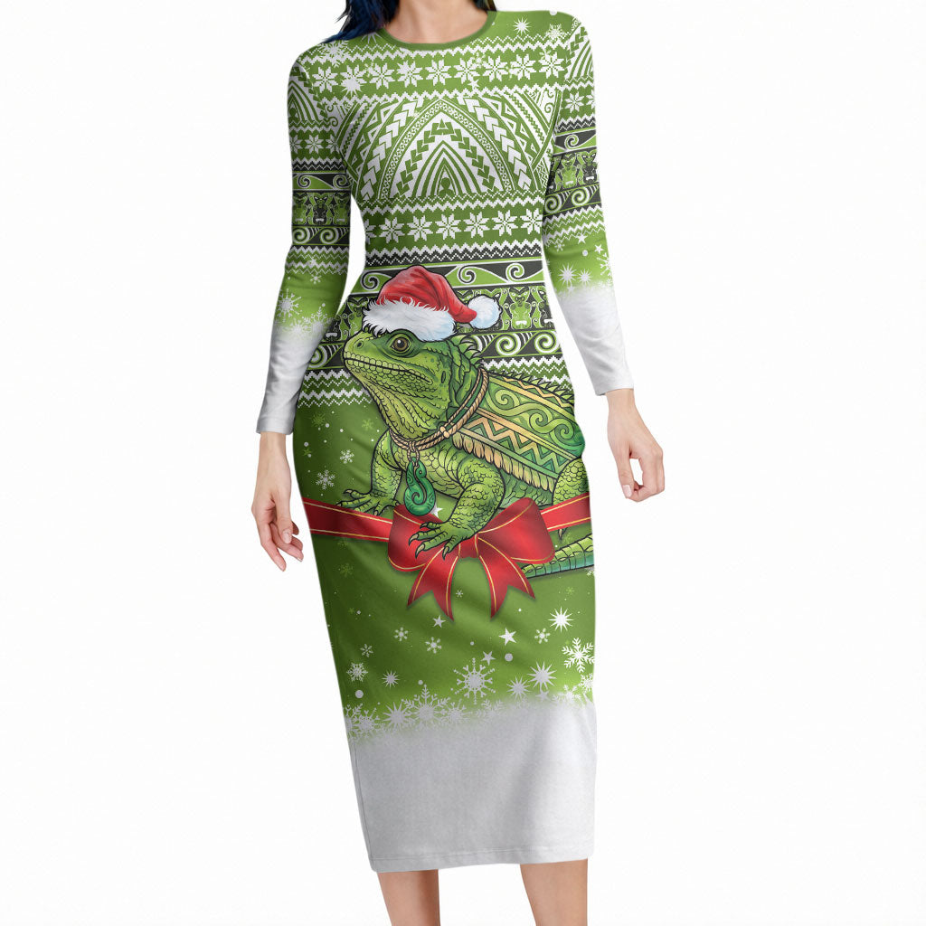 New Zealand Tuatara Christmas Long Sleeve Bodycon Dress Maori Inspired Knitted Patterns