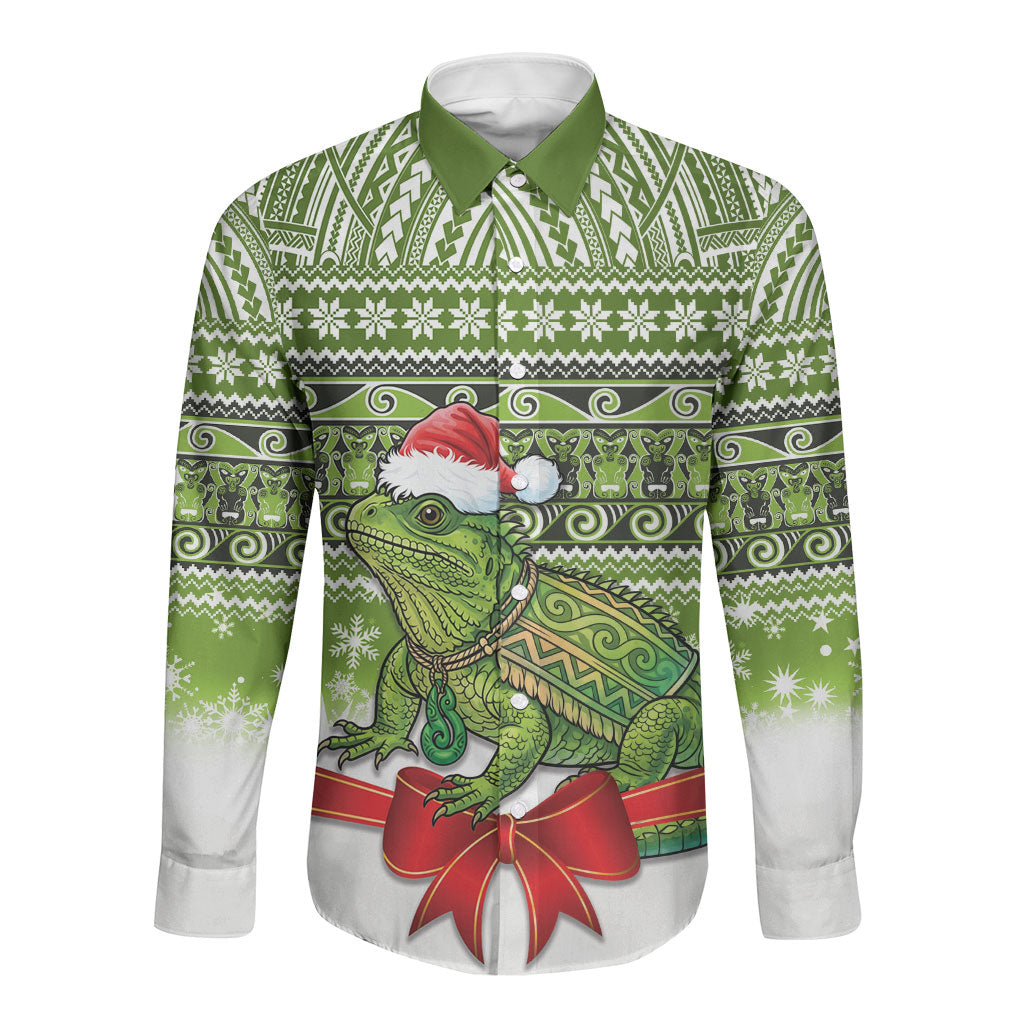New Zealand Tuatara Christmas Long Sleeve Button Shirt Maori Inspired Knitted Patterns
