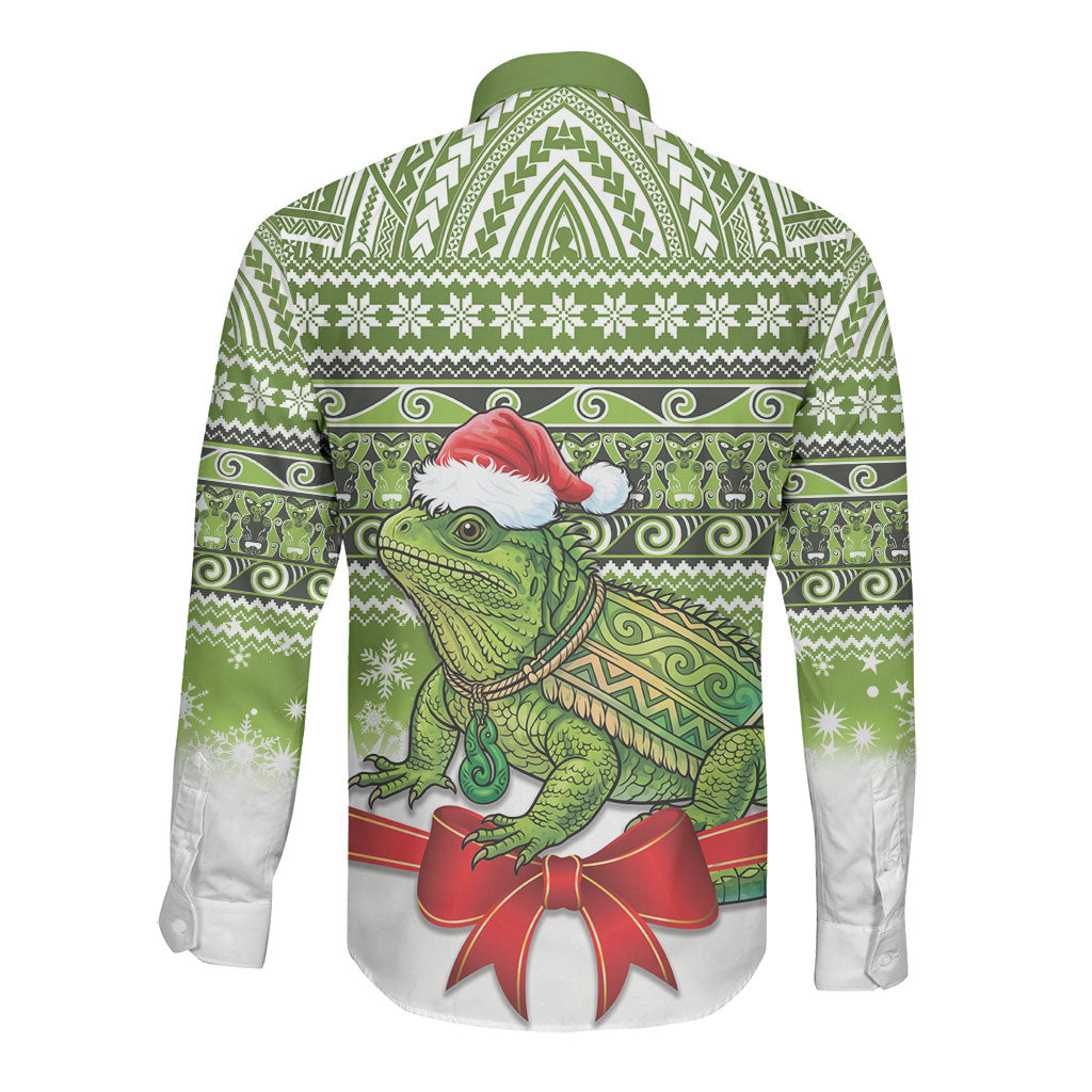 New Zealand Tuatara Christmas Long Sleeve Button Shirt Maori Inspired Knitted Patterns