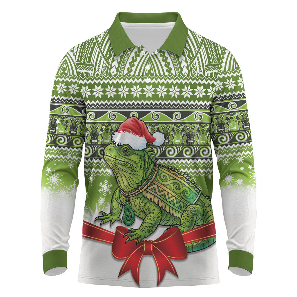 New Zealand Tuatara Christmas Long Sleeve Polo Shirt Maori Inspired Knitted Patterns