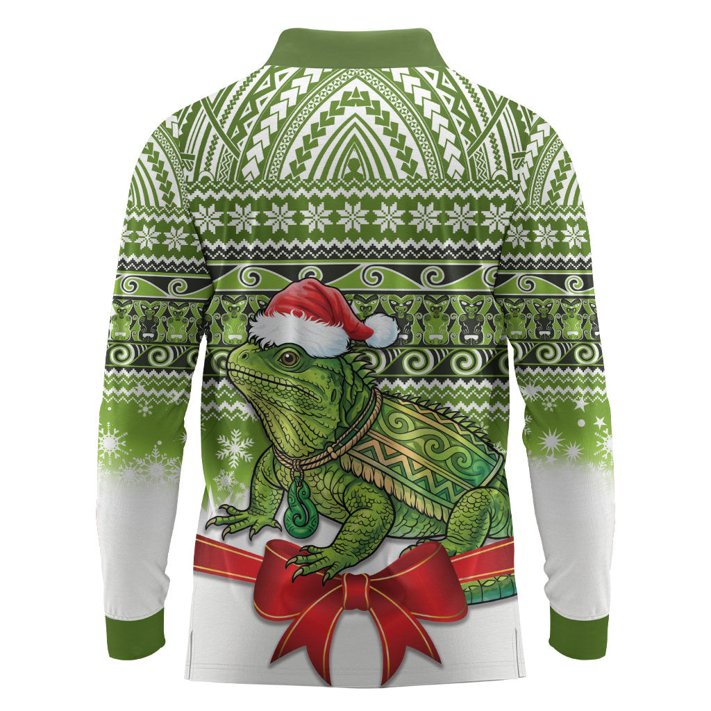 New Zealand Tuatara Christmas Long Sleeve Polo Shirt Maori Inspired Knitted Patterns