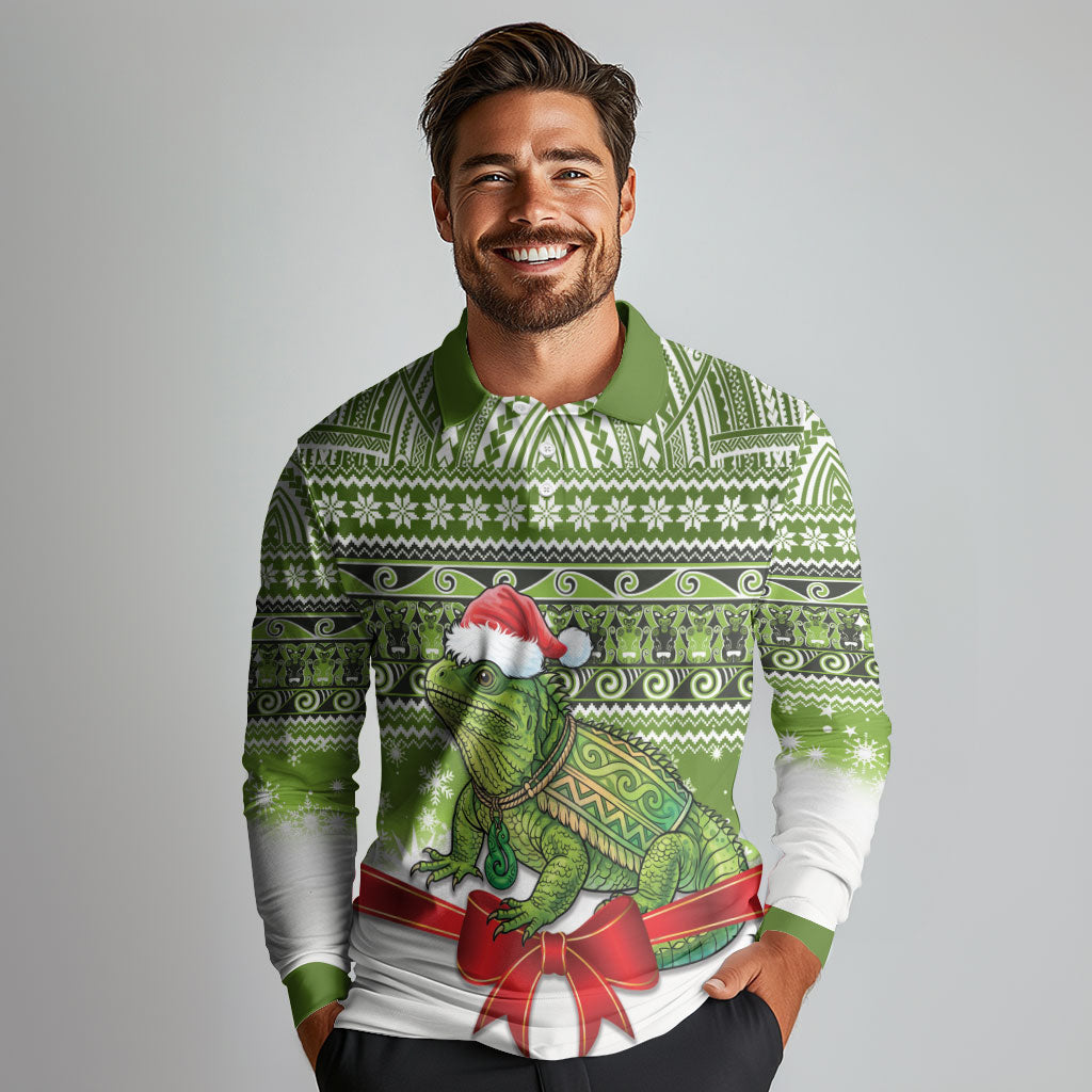 New Zealand Tuatara Christmas Long Sleeve Polo Shirt Maori Inspired Knitted Patterns