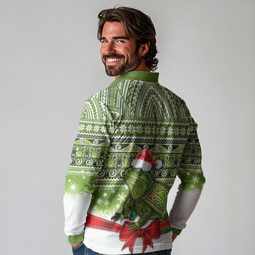 New Zealand Tuatara Christmas Long Sleeve Polo Shirt Maori Inspired Knitted Patterns