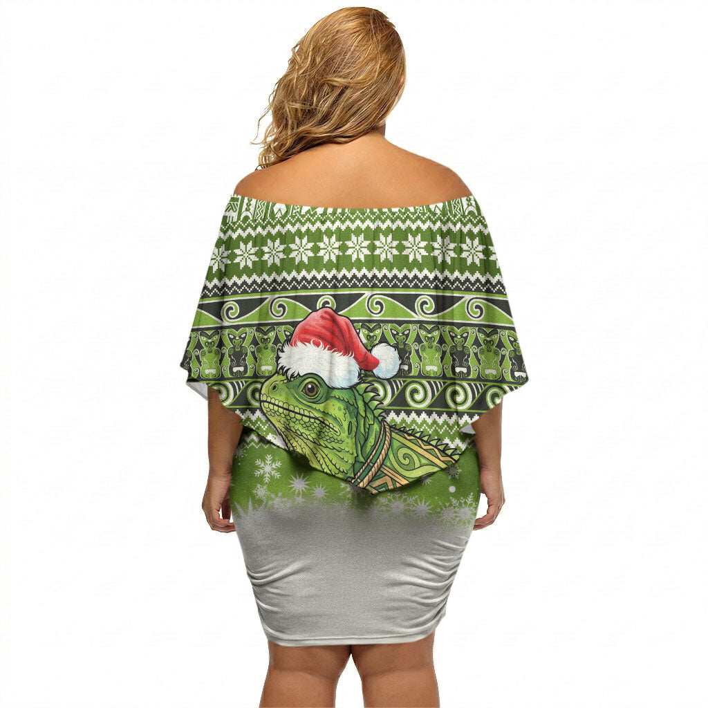 New Zealand Tuatara Christmas Off Shoulder Short Dress Maori Inspired Knitted Patterns