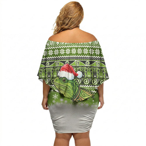 New Zealand Tuatara Christmas Off Shoulder Short Dress Maori Inspired Knitted Patterns