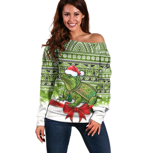 New Zealand Tuatara Christmas Off Shoulder Sweater Maori Inspired Knitted Patterns