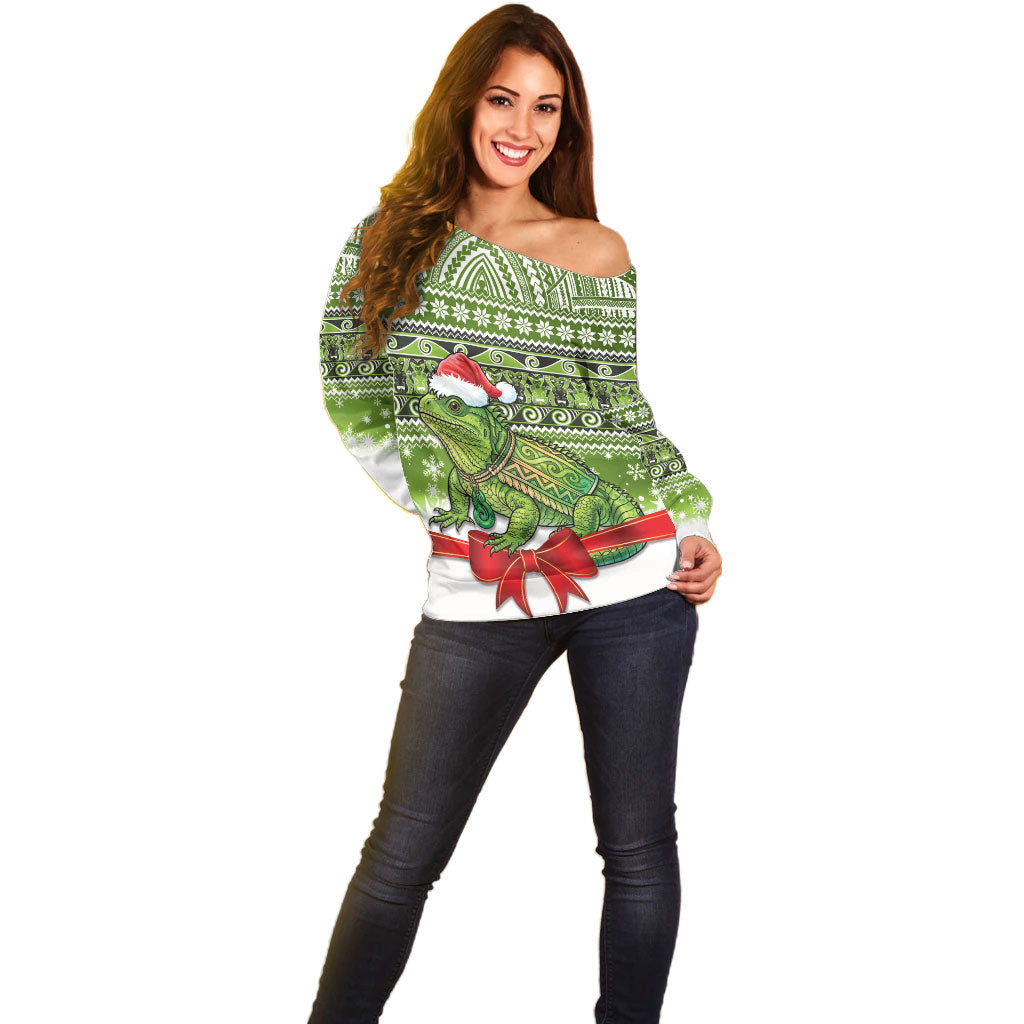 New Zealand Tuatara Christmas Off Shoulder Sweater Maori Inspired Knitted Patterns