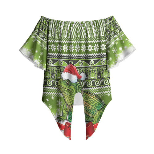 New Zealand Tuatara Christmas Off Shoulder Wrap Waist Top Maori Inspired Knitted Patterns
