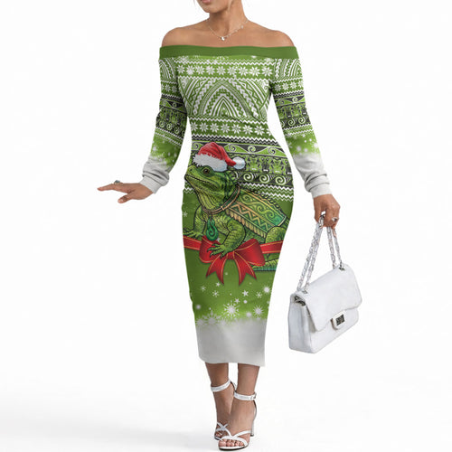 New Zealand Tuatara Christmas Off The Shoulder Long Sleeve Dress Maori Inspired Knitted Patterns
