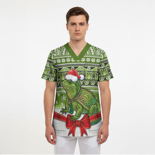 New Zealand Tuatara Christmas Scrub Top Maori Inspired Knitted Patterns
