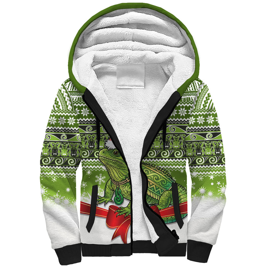 New Zealand Tuatara Christmas Sherpa Hoodie Maori Inspired Knitted Patterns