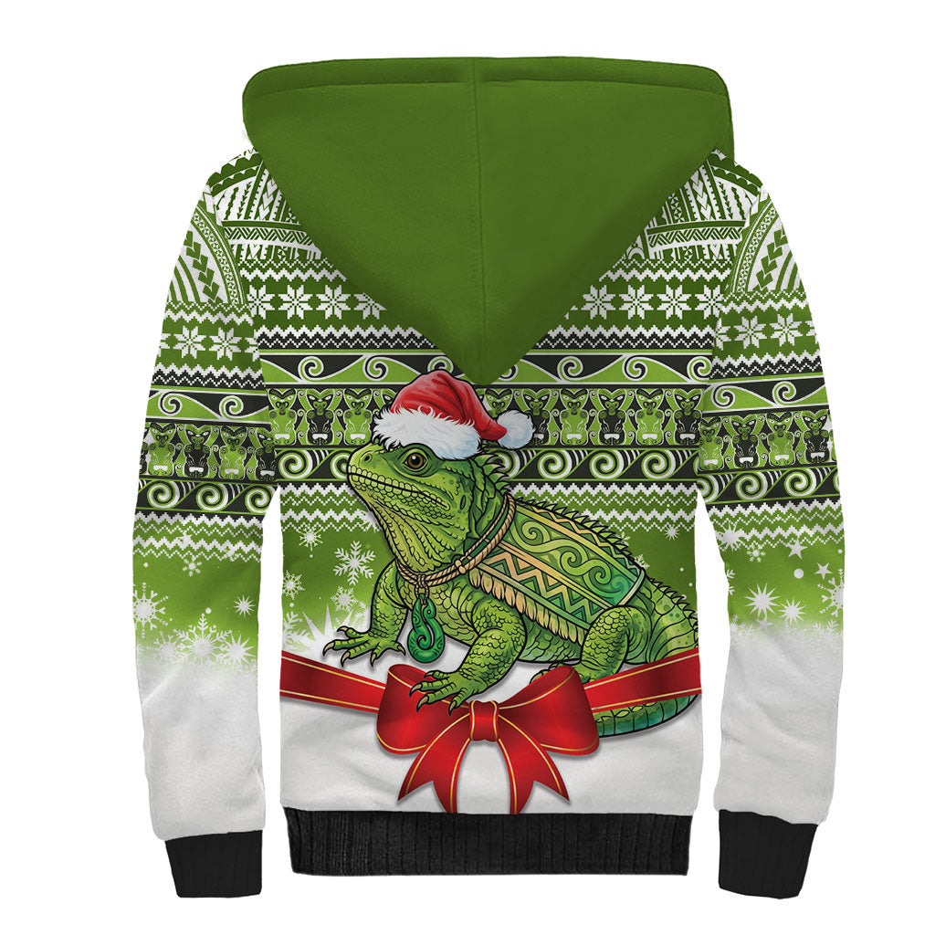 New Zealand Tuatara Christmas Sherpa Hoodie Maori Inspired Knitted Patterns
