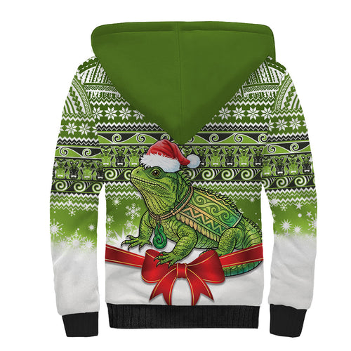 New Zealand Tuatara Christmas Sherpa Hoodie Maori Inspired Knitted Patterns