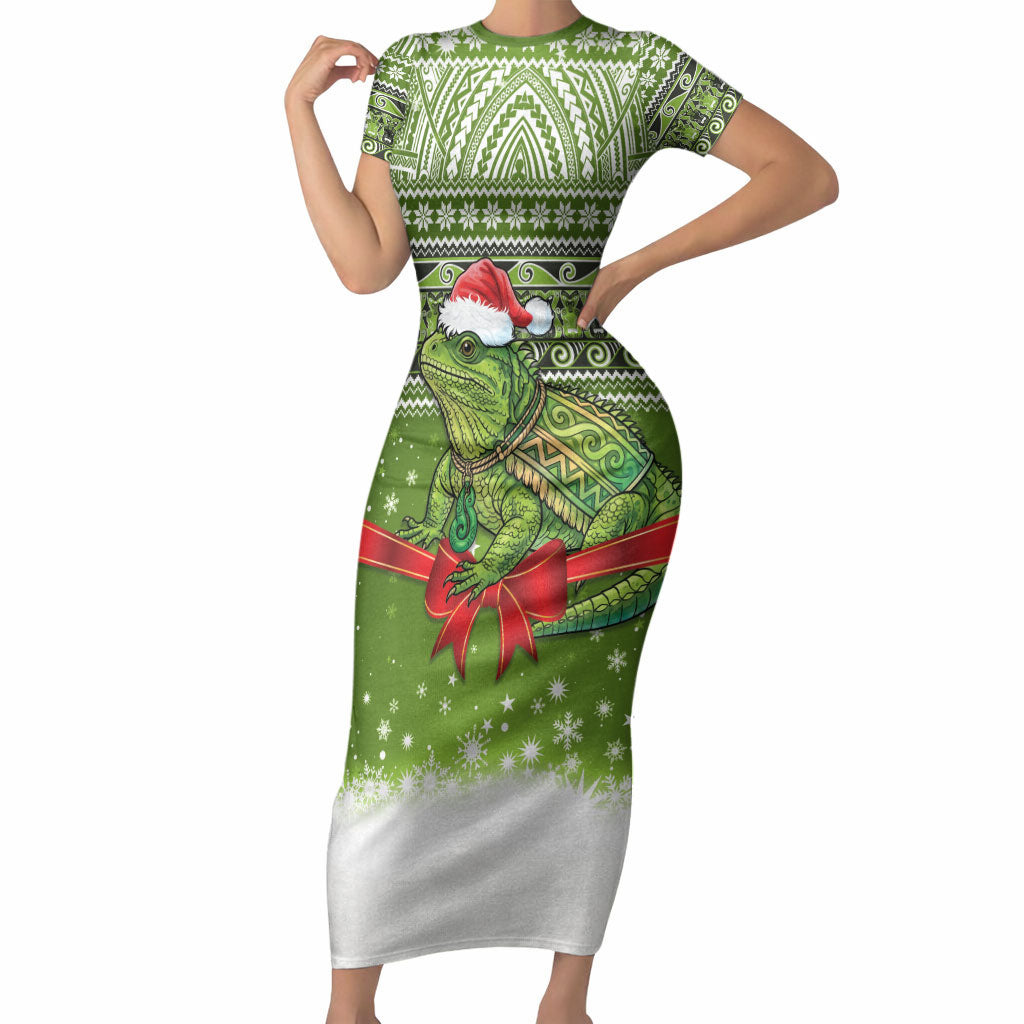New Zealand Tuatara Christmas Short Sleeve Bodycon Dress Maori Inspired Knitted Patterns