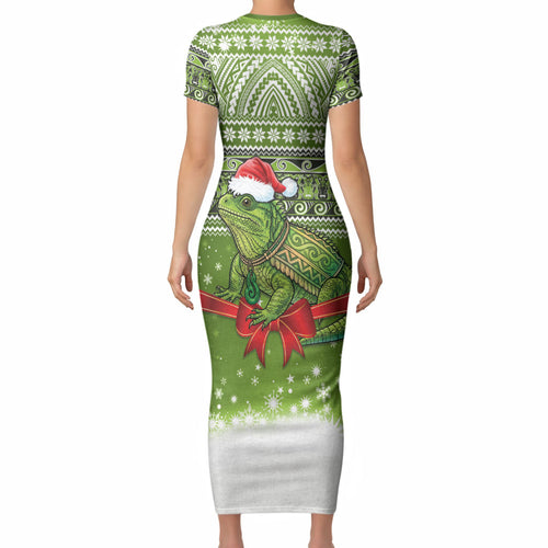 New Zealand Tuatara Christmas Short Sleeve Bodycon Dress Maori Inspired Knitted Patterns