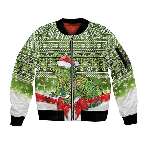 New Zealand Tuatara Christmas Sleeve Zip Bomber Jacket Maori Inspired Knitted Patterns