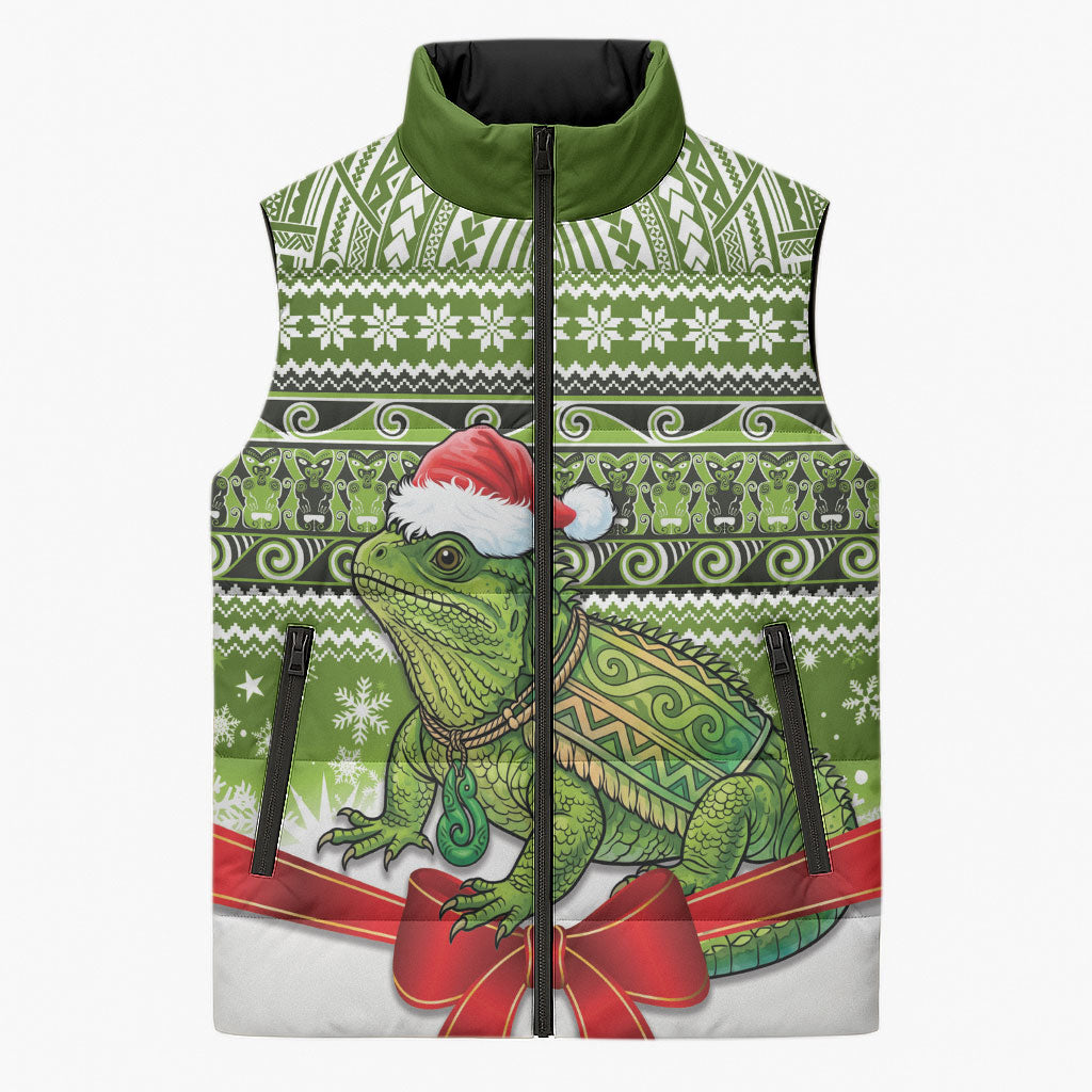 New Zealand Tuatara Christmas Sleeveless Puffer Jacket Maori Inspired Knitted Patterns