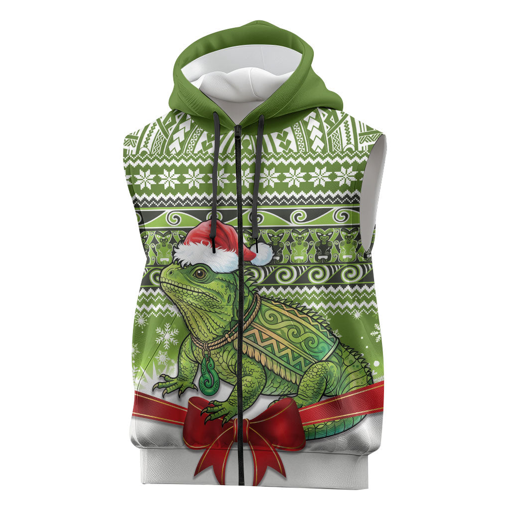 New Zealand Tuatara Christmas Sleeveless Zip Hoodie Maori Inspired Knitted Patterns