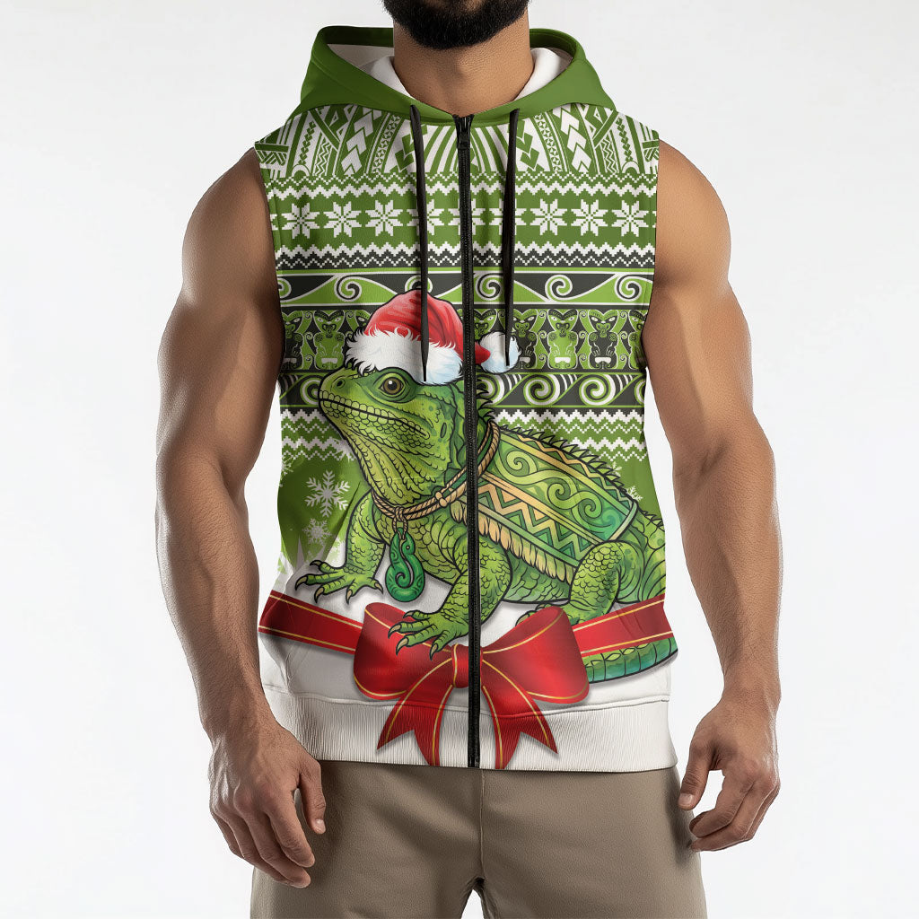 New Zealand Tuatara Christmas Sleeveless Zip Hoodie Maori Inspired Knitted Patterns