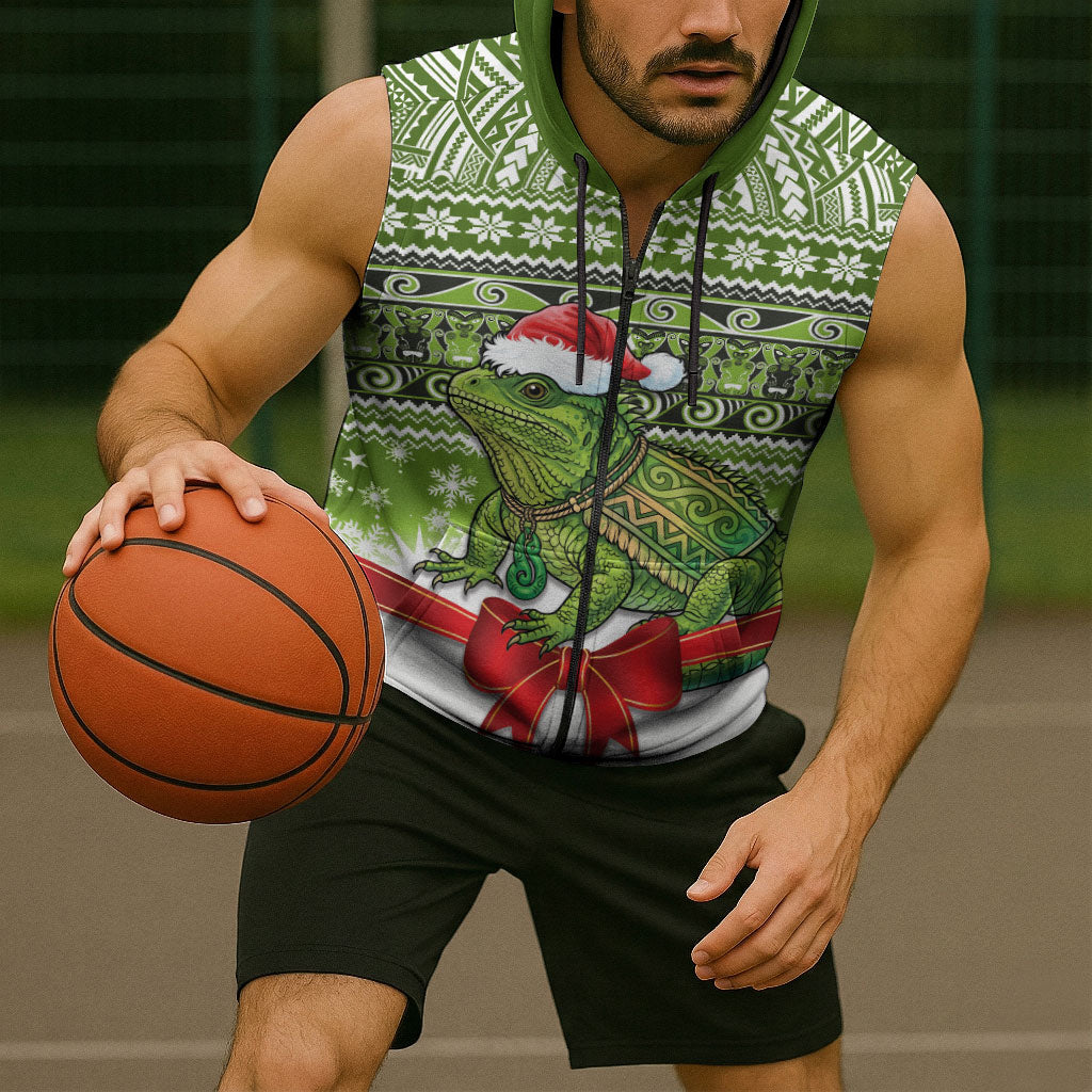 New Zealand Tuatara Christmas Sleeveless Zip Hoodie Maori Inspired Knitted Patterns