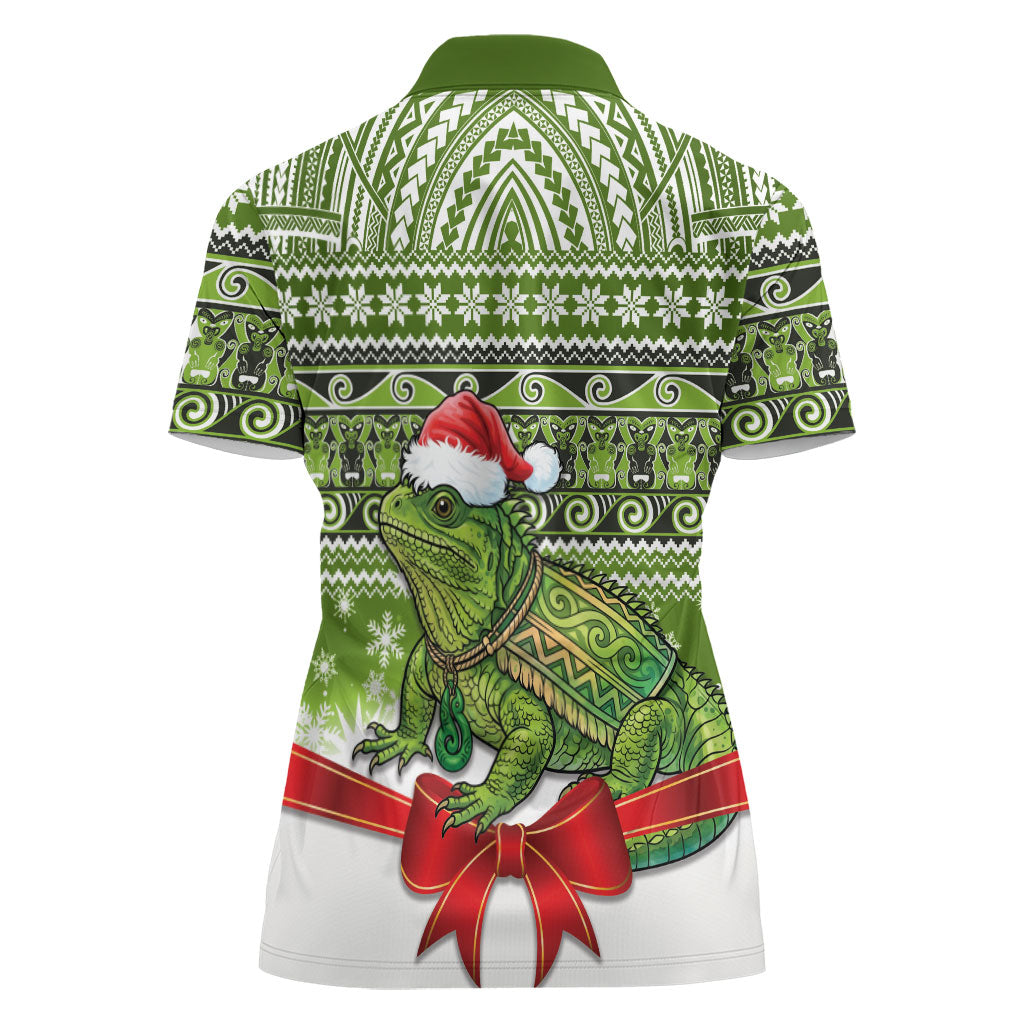 New Zealand Tuatara Christmas Women Polo Shirt Maori Inspired Knitted Patterns