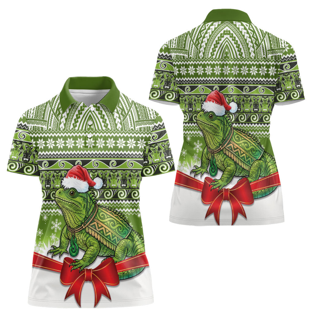 New Zealand Tuatara Christmas Women Polo Shirt Maori Inspired Knitted Patterns