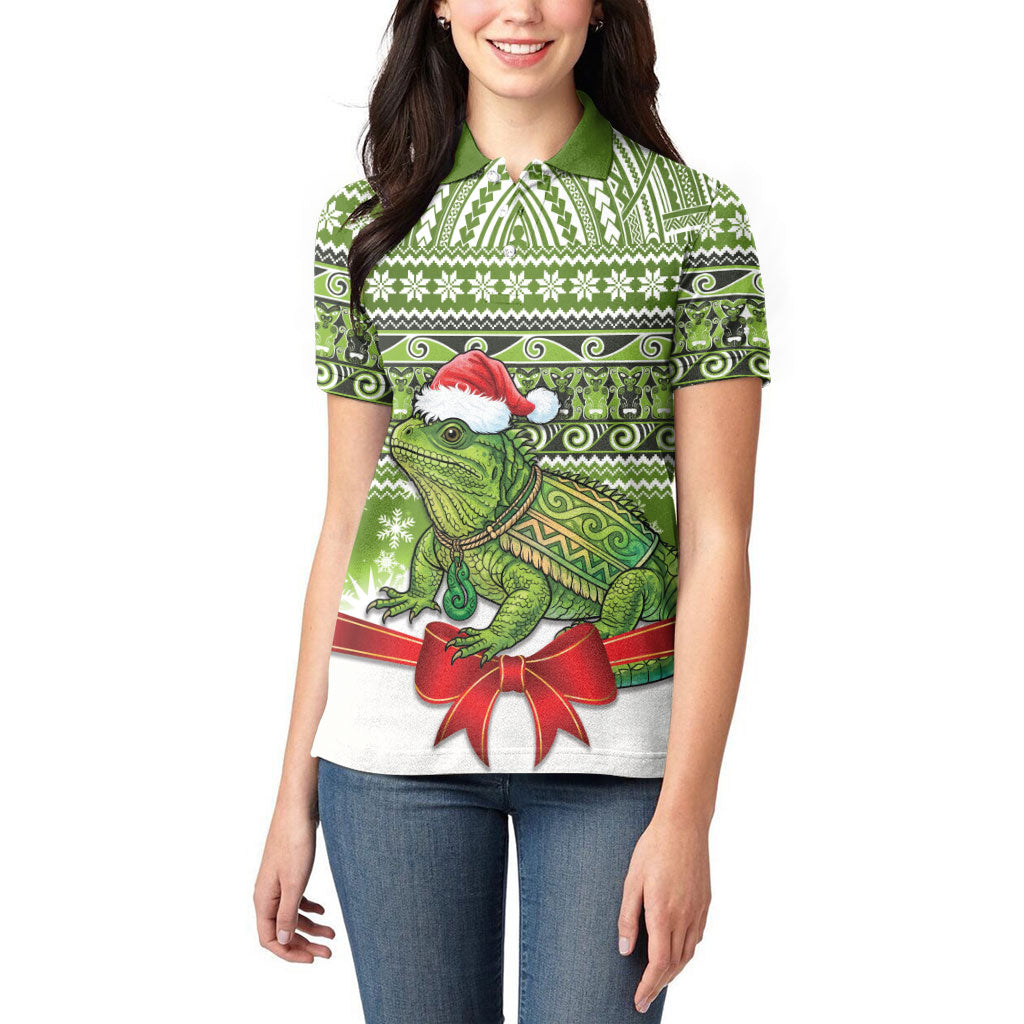 New Zealand Tuatara Christmas Women Polo Shirt Maori Inspired Knitted Patterns