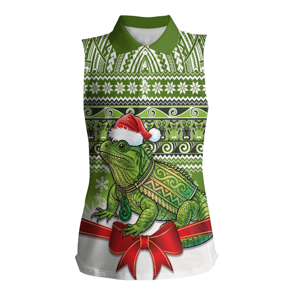 New Zealand Tuatara Christmas Women Sleeveless Polo Shirt Maori Inspired Knitted Patterns