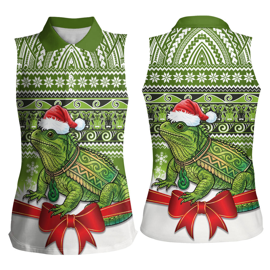 New Zealand Tuatara Christmas Women Sleeveless Polo Shirt Maori Inspired Knitted Patterns