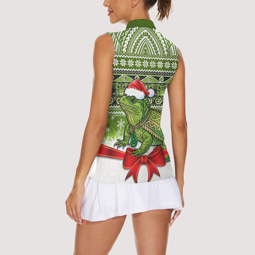 New Zealand Tuatara Christmas Women Sleeveless Polo Shirt Maori Inspired Knitted Patterns