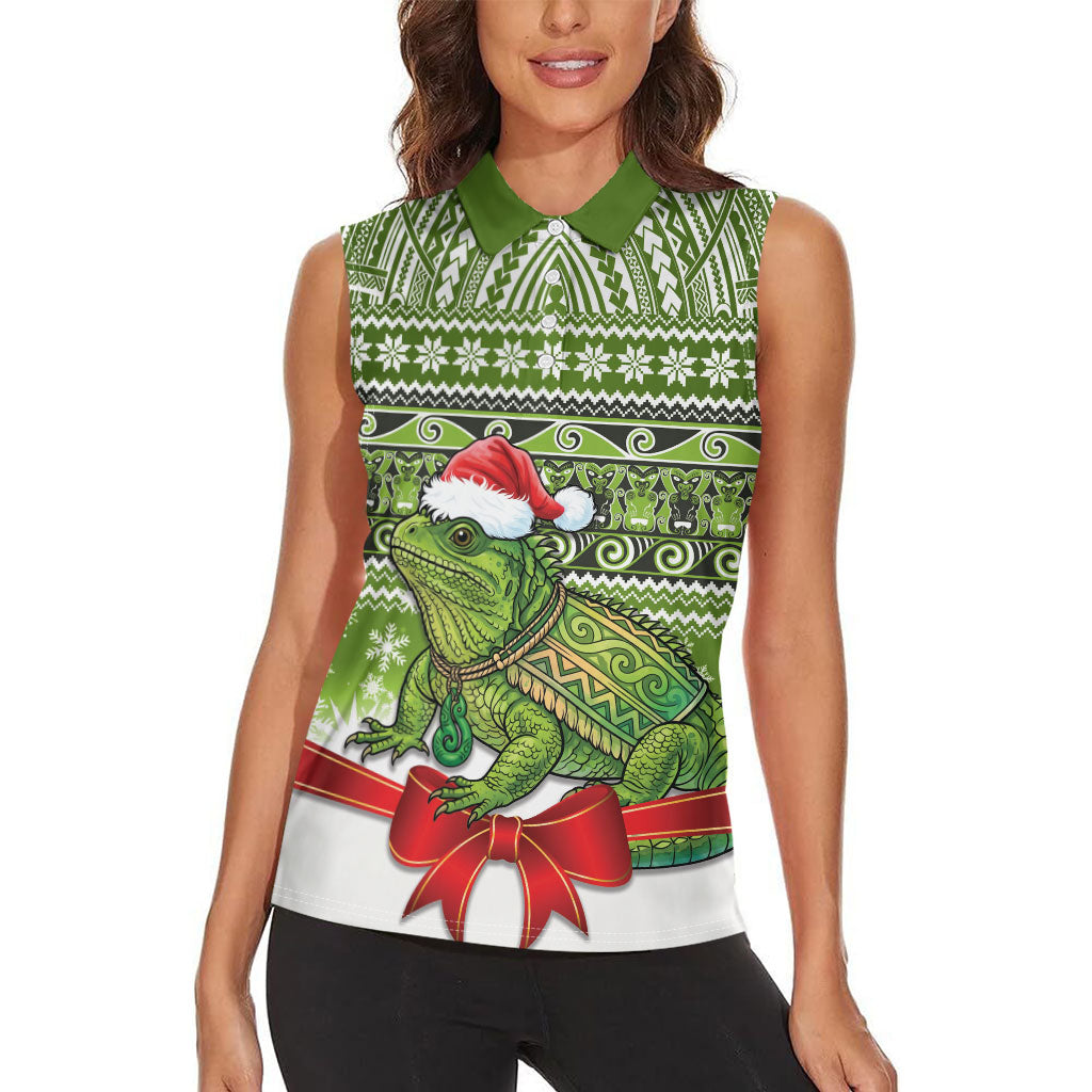 New Zealand Tuatara Christmas Women Sleeveless Polo Shirt Maori Inspired Knitted Patterns