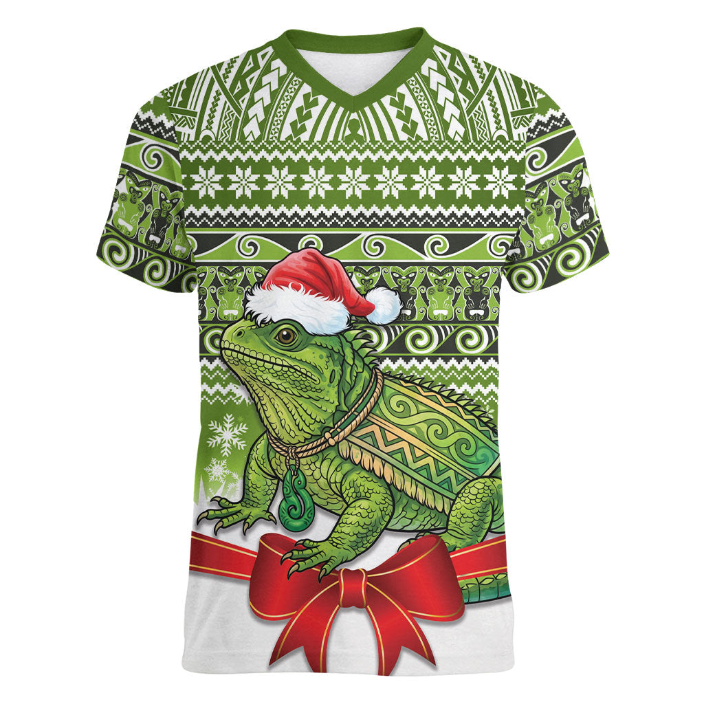 New Zealand Tuatara Christmas Women V-Neck T-Shirt Maori Inspired Knitted Patterns