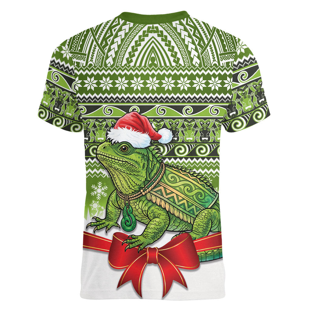 New Zealand Tuatara Christmas Women V-Neck T-Shirt Maori Inspired Knitted Patterns