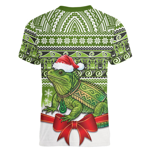 New Zealand Tuatara Christmas Women V-Neck T-Shirt Maori Inspired Knitted Patterns