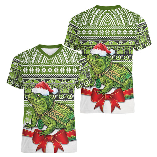 New Zealand Tuatara Christmas Women V-Neck T-Shirt Maori Inspired Knitted Patterns