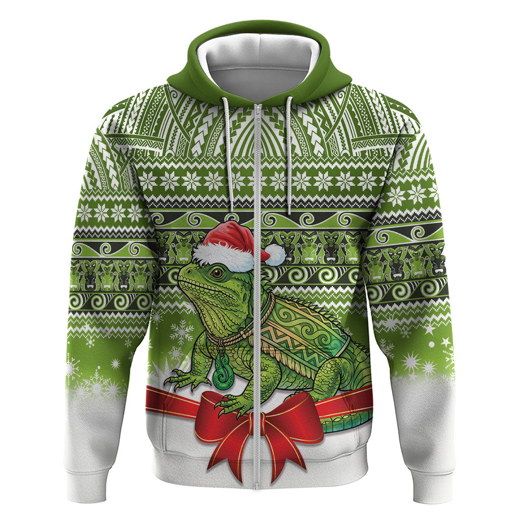 New Zealand Tuatara Christmas Zip Hoodie Maori Inspired Knitted Patterns