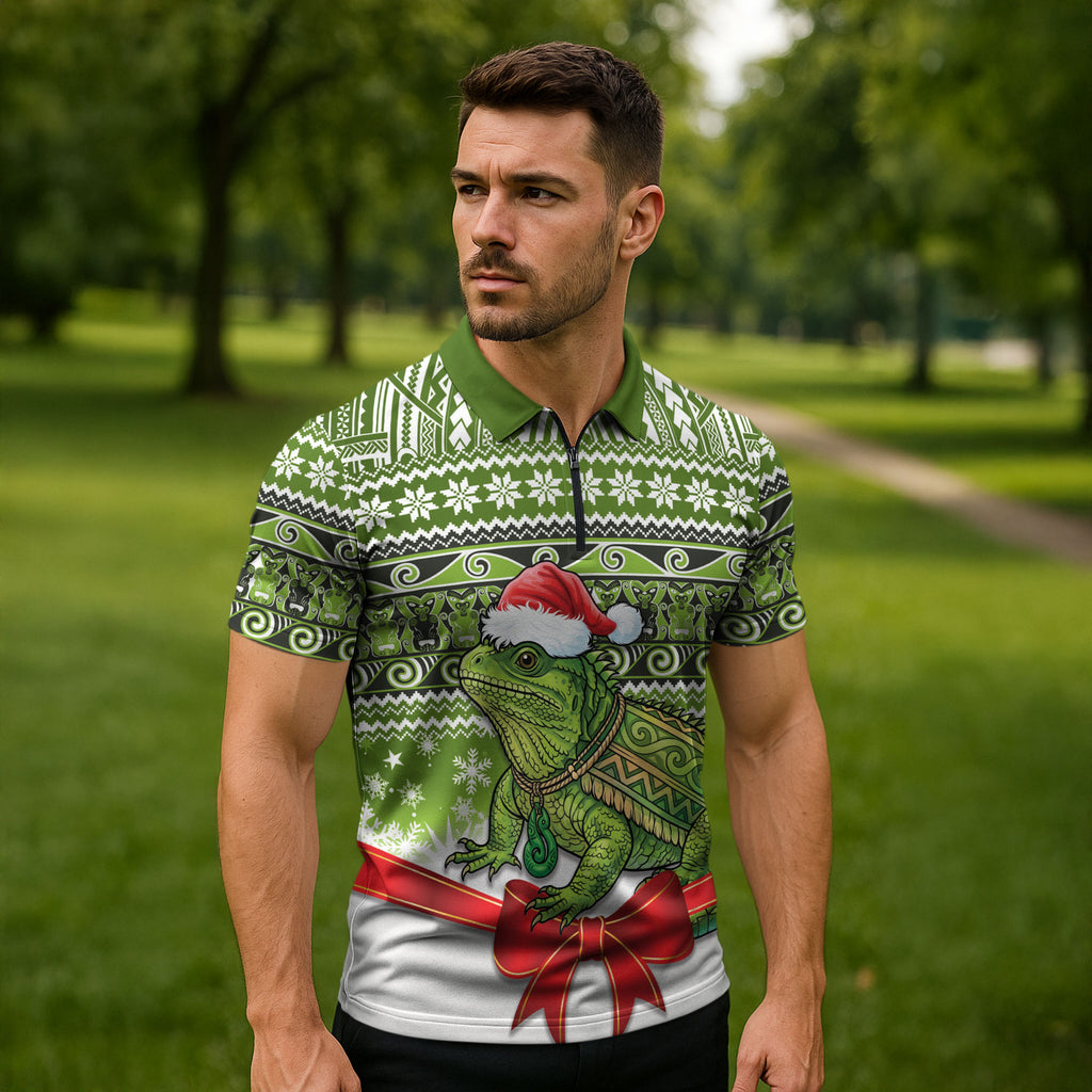 New Zealand Tuatara Christmas Zipper Polo Shirt Maori Inspired Knitted Patterns